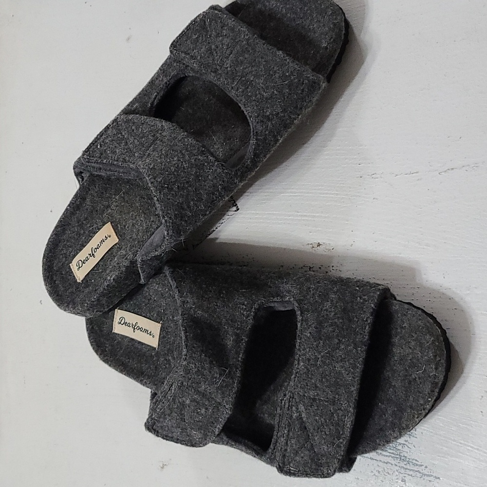 Dearforms Mens Slippers Slip-on Gray 5% Wool Hook&Loop Straps Sz Lg 9/10 EUC